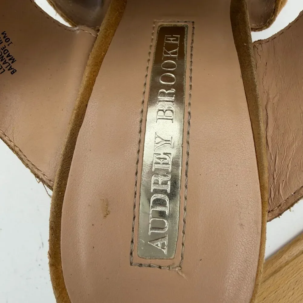 Audrey Brooke Women's Size 10 Tan Suede Cutout Cone Heel Sandals Ankle Strap Lea